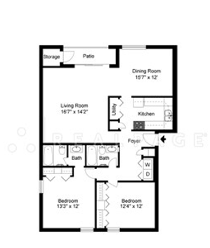 Contemporary floor plan showcasing 2 bedrooms, a spacious living room, dining area, modern kitchen, and patio.