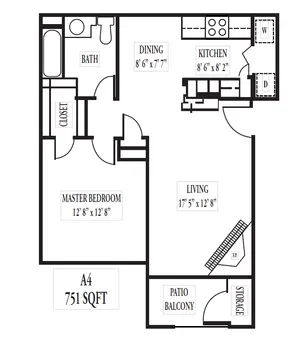 Elegant 751 sq ft floor plan featuring a spacious master bedroom, cozy dining area, modern kitchen, and inviting living room with patio balcony.
