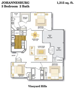 3 Bedroom Floor Plan | South Austin TX Apartments | Vineyard Hills Apartments
