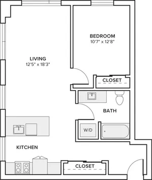 746-760 square foot one bed one bath floor plan in Seattle, WA