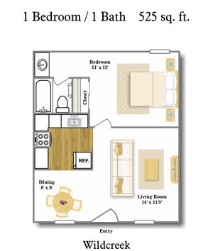 1 Bedroom Floor Plan | South Central Austin Apartments | Wildcreek Apartments