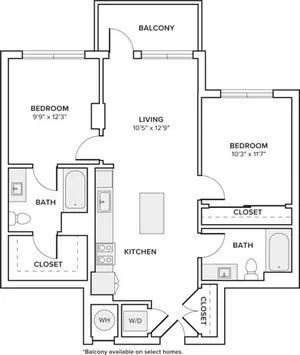 805 square foot two bedroom two bath apartment floorplan image