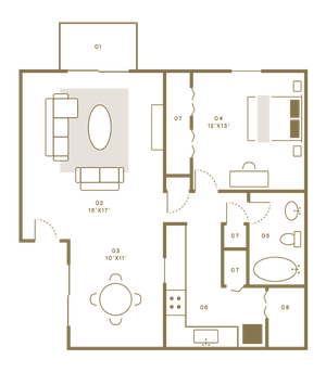 Elegant floor plan showcasing a modern open-concept living room, dining area, and spacious kitchen alongside a luxurious bedroom and ample storage.