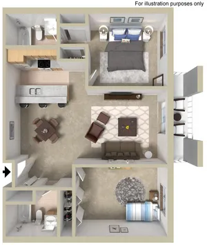 Chic 2D floor plan with a bedroom, open kitchen, inviting living area, and bathroom, featuring a balcony.