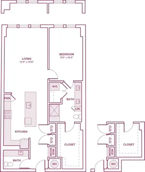 1052 square foot one bedroom one bath apartment floor plan in Houston, TX