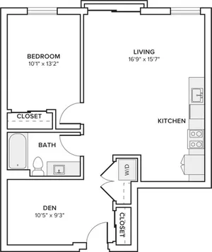 834 square foot one bed one bath with den floor plan in Seattle, WA