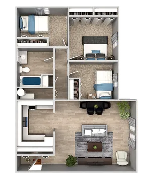 Elegant 3D floor plan featuring 3 bedrooms, a spacious living room, modern kitchen, and a stylish bathroom, ideal for contemporary living.