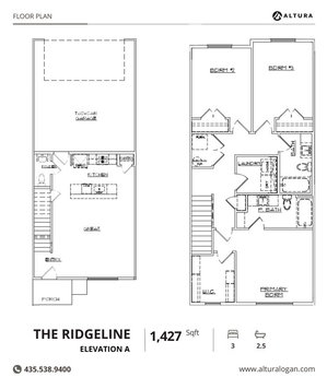 The Ridgeline floor plan, Elevation A, offers 1,427 sq ft with an elegant 3-bedroom layout, 2.5 baths, open-concept living area, and a spacious kitchen. Features include primary bedroom suite, laundry area, and a two-car garage.