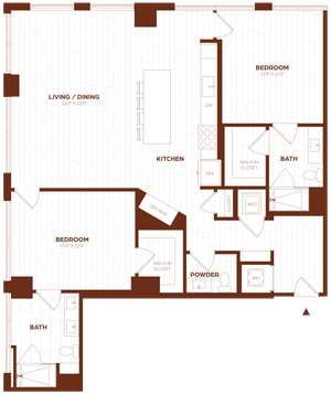 Spacious floor plan featuring 2 bedrooms with walk-in closets, modern kitchen, expansive living/dining area, and two bathrooms including a powder room.