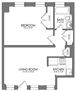 Charming floor plan with a spacious bedroom, cozy living room, practical kitchen, and well-appointed bathroom.