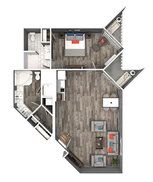 Modern 2D floor plan featuring 1 bedroom, spacious living area with chic furniture, stylish kitchen, and contemporary bathroom.