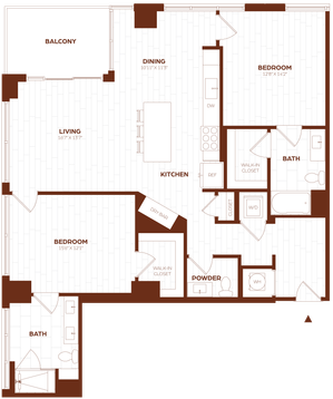 Elegant apartment floor plan showcasing 2 spacious bedrooms, modern kitchen with island, welcoming living and dining area, expansive balcony, and two stylish bathrooms.