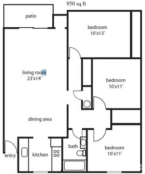 Three-bedroom floor plan at Mountain View apartments in Oregon City, OR