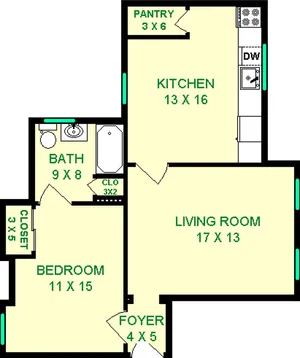 Astilbe one bedroom floorplan shows roughly 700 Square Feet there is a living room, kitchen, bathroom, bedroom, two closets a pantry and a foyer.