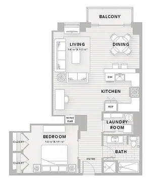 Modern apartment A8 floor plan featuring 1 bedroom, 1 bath, spacious living room, stylish kitchen, dining area, and a balcony, covering 990 sq ft.
