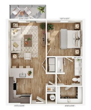 Elegant 1-bedroom apartment floor plan with open kitchen and spacious living room, complete with balcony seating.