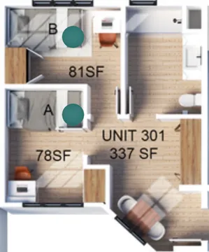 Modern floor plan of Unit 301 featuring two cozy bedrooms, functional living space, and stylish design details in 337 square feet.