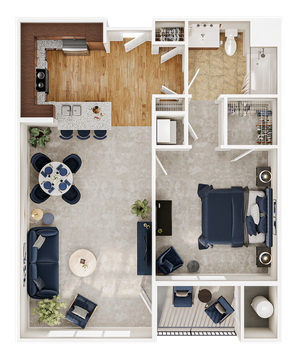 Modern 2D floor plan showcasing a cozy 1-bedroom layout with an open-concept living and dining area, stylish kitchen, and private balcony.