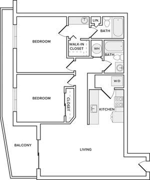 1148 square foot renovated two bedroom two bath apartment floorplan image