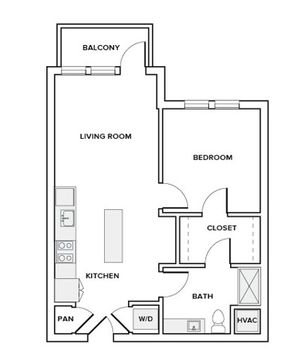 741 square foot one bed one bath apartment floor plan in Houston, TX