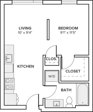 499-500 square foot studio one bath apartment floor plan in Seattle, WA