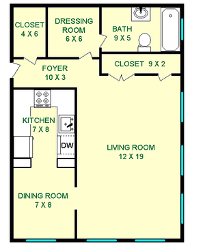 Ginger studio floorplan shows roughly 475 square feet, with a living room, dining room, dressing room, bathroom kitchen and closets.