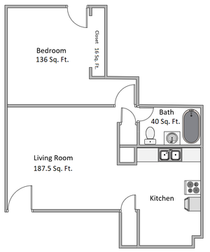 Cozy apartment floor plan featuring 1 bedroom with closet, spacious living room, well-equipped kitchen, and a modern bath.