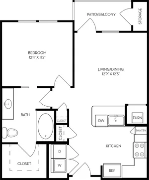 Modern floor plan showcasing one-bedroom apartment with spacious living/dining area, fully equipped kitchen, luxurious bath, and a welcoming patio/balcony.