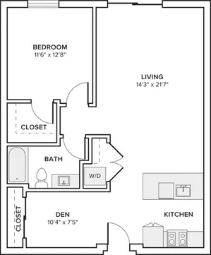 863-866 square foot one bed one bath with den floor plan in Seattle, WA