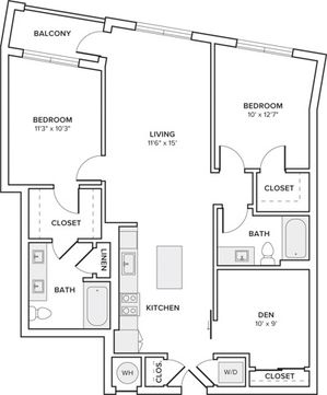 1094 square foot two bedroom two bath apartment with den floorplan image