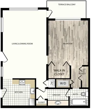 Modern floor plan featuring a spacious living and dining room, elegant kitchen, one bedroom with walk-in closet, and a balcony terrace.