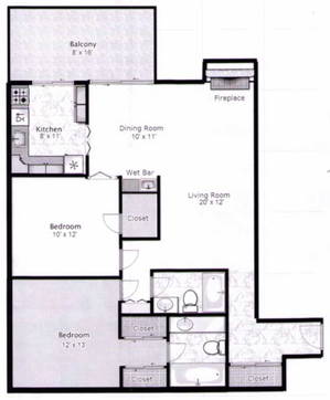Elegant floor plan featuring two bedrooms, spacious living room with fireplace, modern kitchen, and private balcony.