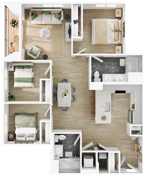 Sophisticated floor plan illustrating 3 bedrooms, open-concept living and dining area, and gourmet kitchen.