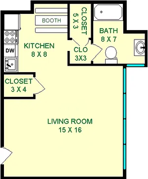Aspen studio floorplan shows roughly 430 square feet with a living room, kitchen, bathroom and closets.
