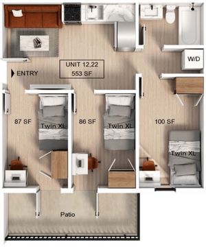 Floorplan for a 3 bedroom, 1 bathroom apartment.