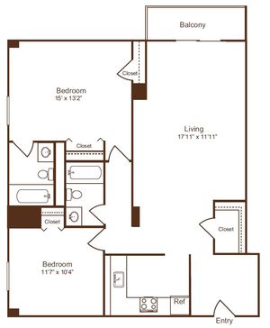 Elegant 2D floor plan showcasing 2 spacious bedrooms, contemporary kitchen, modern living area with balcony access, and ample closet space.