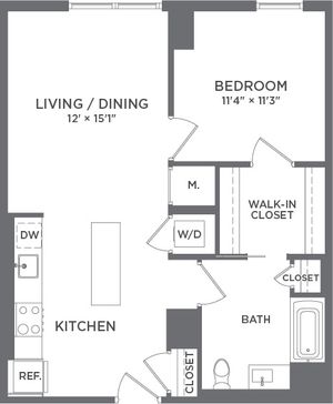 Modern floor plan featuring a spacious bedroom with a walk-in closet, a stylish kitchen with breakfast island, and an open-concept living and dining area.