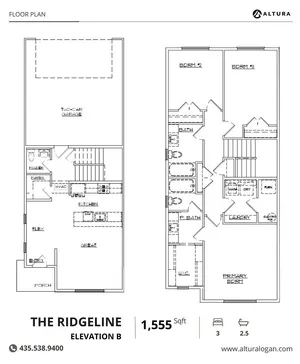 The Ridgeline floor plan, Elevation B, showcases a 1,555 sq ft layout with three bedrooms, 2.5 bathrooms, a two-car garage, and an open-concept living area.