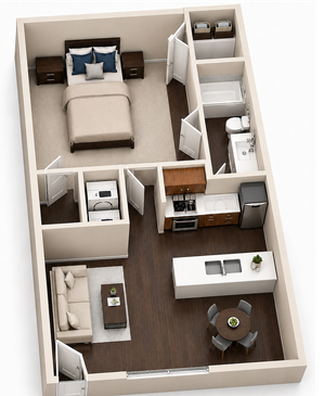 Chic 1-bedroom apartment floor plan featuring a sleek modern kitchen, cozy living area, and convenient laundry space. Ideal for stylish urban living.