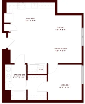 Floor plan of a contemporary apartment featuring a spacious kitchen, dining area, living room, bathroom, and bedroom.