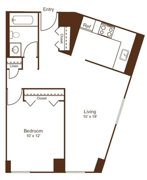 Modern 2D floor plan featuring one spacious bedroom, a cozy living area, and a functional kitchen, ideal for comfortable living.