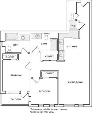 1006 square foot two bedroom two bath apartment floorplan image
