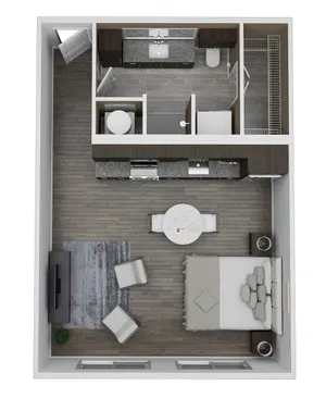 Chic and compact studio apartment floor plan, Unit AE1, featuring 1 bath and a cozy living area in 580 sq. ft.