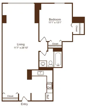 Modern 1-bedroom floor plan showcasing spacious living area, well-equipped kitchen, and ample storage space.