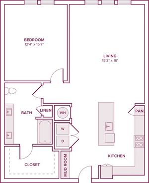 1027 square foot one bedroom one bath apartment floor plan in Houston, TX