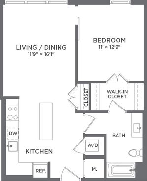 Modern apartment floor plan featuring a spacious living/dining area, one bedroom with a walk-in closet, stylish kitchen, and convenient bathroom layout.