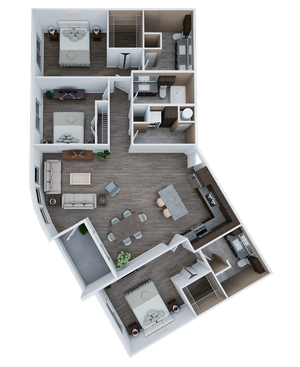 Modern 3D floor plan showcasing 3 bedrooms, spacious open-concept living and dining area, and a sleek kitchen with a breakfast bar.