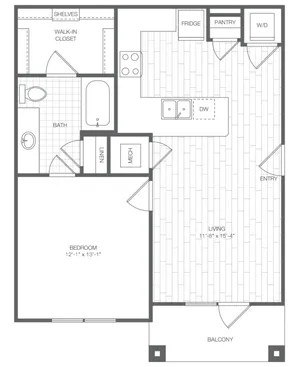 Modern floor plan featuring a spacious 1-bedroom, open living area, and sleek kitchen, complete with a balcony and bath.