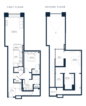 Elegant two-story floor plan showcasing a spacious living room, modern kitchen, and bedroom on the first floor; features an office and second bedroom on the upper level.