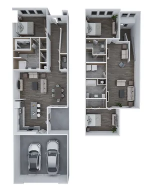 Modern 3D floor plan featuring two-level design with 3 bedrooms, spacious open-concept living area, stylish kitchen, and dual car garage, encompassing 1,296 sq. ft.